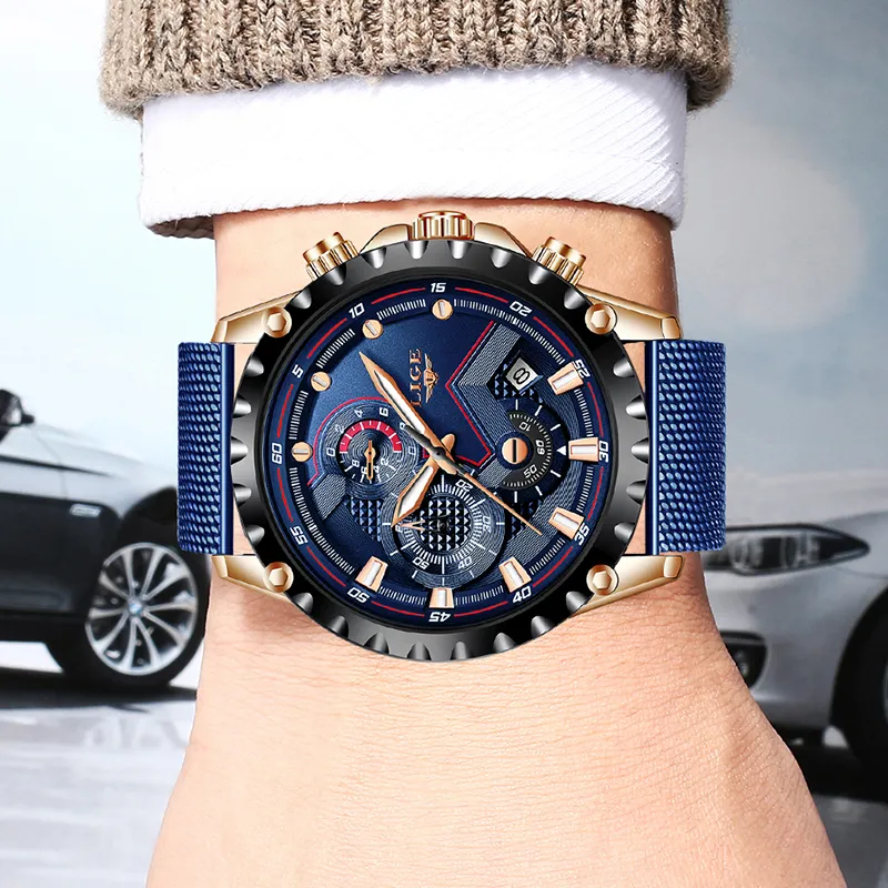 Lige novos relógios masculinos moda topo marca de luxo aço inoxidável azul relógio quartzo masculino casual esporte à prova dwaterproof água relogio ly186c