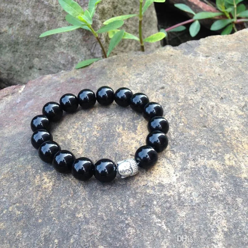 SN0366 Naturel Stone Fashion 12 mm Perles noires Bracelet Bracelet Men mala Yoga Bouddha Bracelet Cadeau de Noël Bijoux 308c