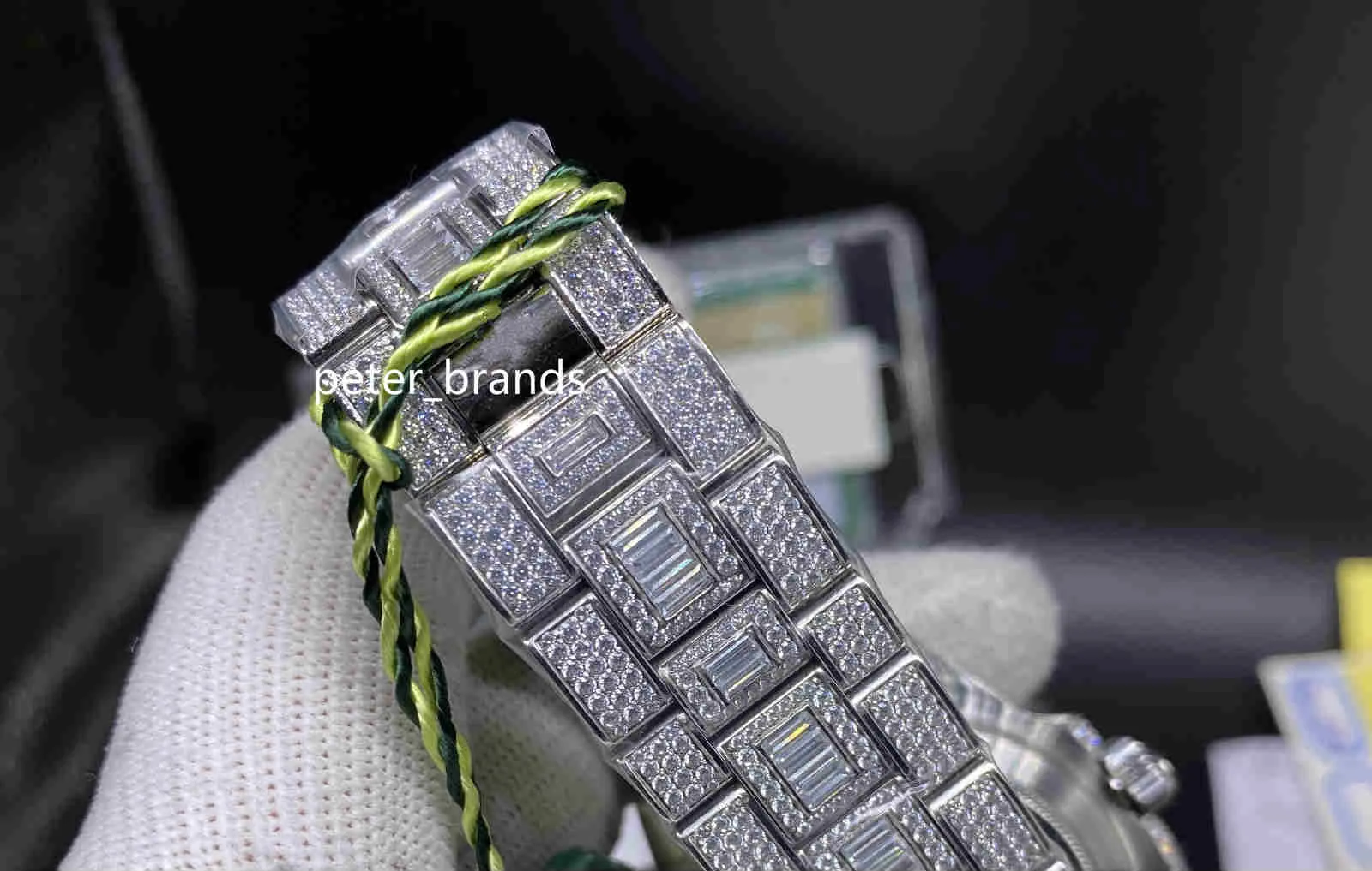 Hochwertige ETA2836-Herrenuhren, Iced Out-Diamantuhr, 40 mm, silbernes 904-Edelstahlgehäuse, Seite des Diamantgesichts, Uhr Auto293F