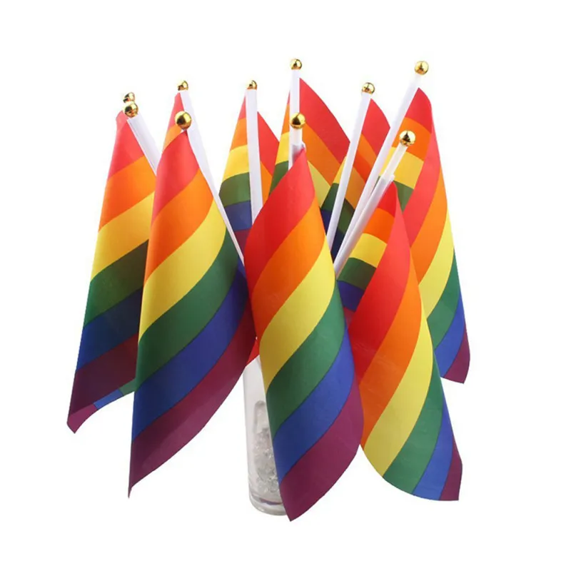 Bandeira de arco -íris bandeira de bastão de bastão gay Mini plástico bandeira de carro de mão portátil acenando com manutenção 21 14 cm usando o festival em casa 270h