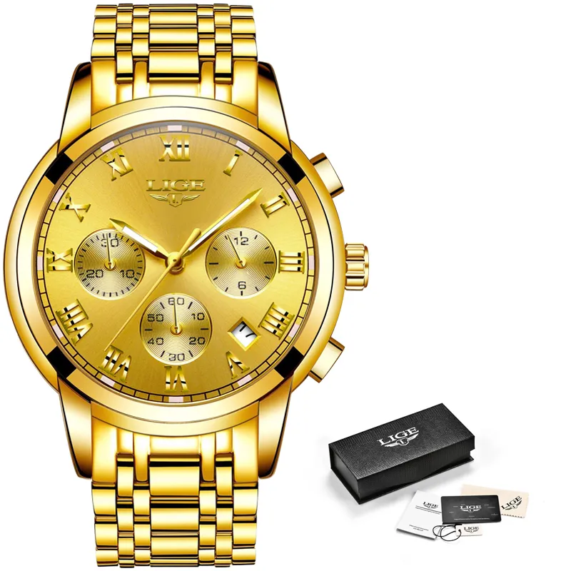 Lige Mens Watches Top Brand Luxury Fashion Quartz Gold Watch Men's Businessステンレス鋼防水時計Relogio Masculin261n