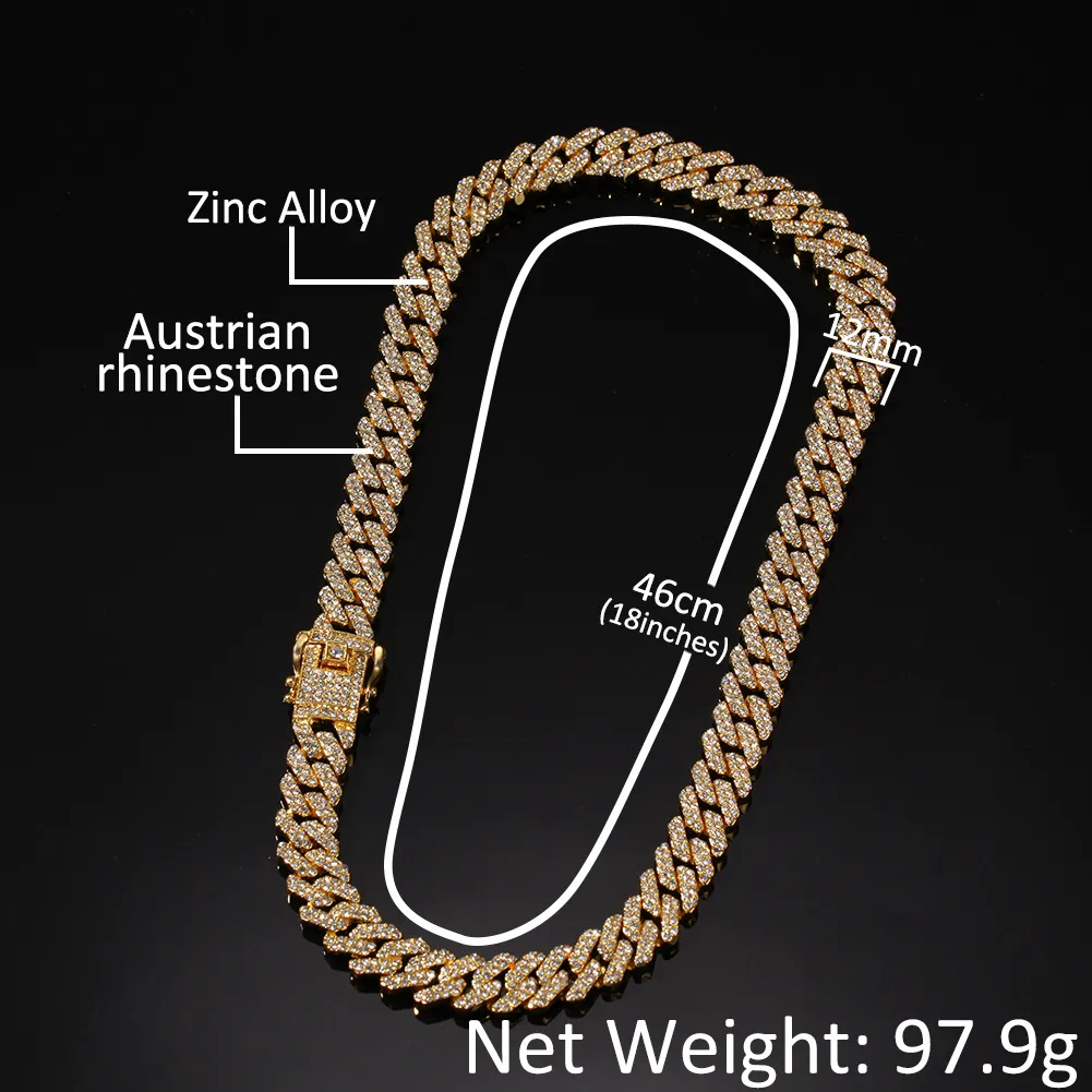 12 мм мужское ожерелье со льдом, браслет, набор браслетов для женщин, S, толстая, тяжелая, блестящая, Майами, кубинская цепочка, хип-хоп, рэпер, роскошные ювелирные изделия295p