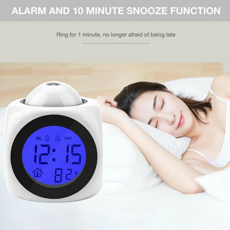 LCD Projection LED Display Time Digital Alarm Clock Talking Voice Prompt Thermometer Snooze Function Desk