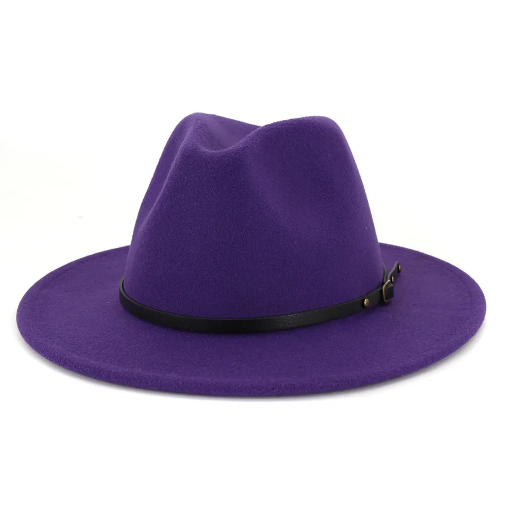 Purple Yellow Patchwork Unisex Panama Wool Felt Fedora Hats with Belt Buckle Women Men Wide Brim Party Trilby Gambler Hat255g