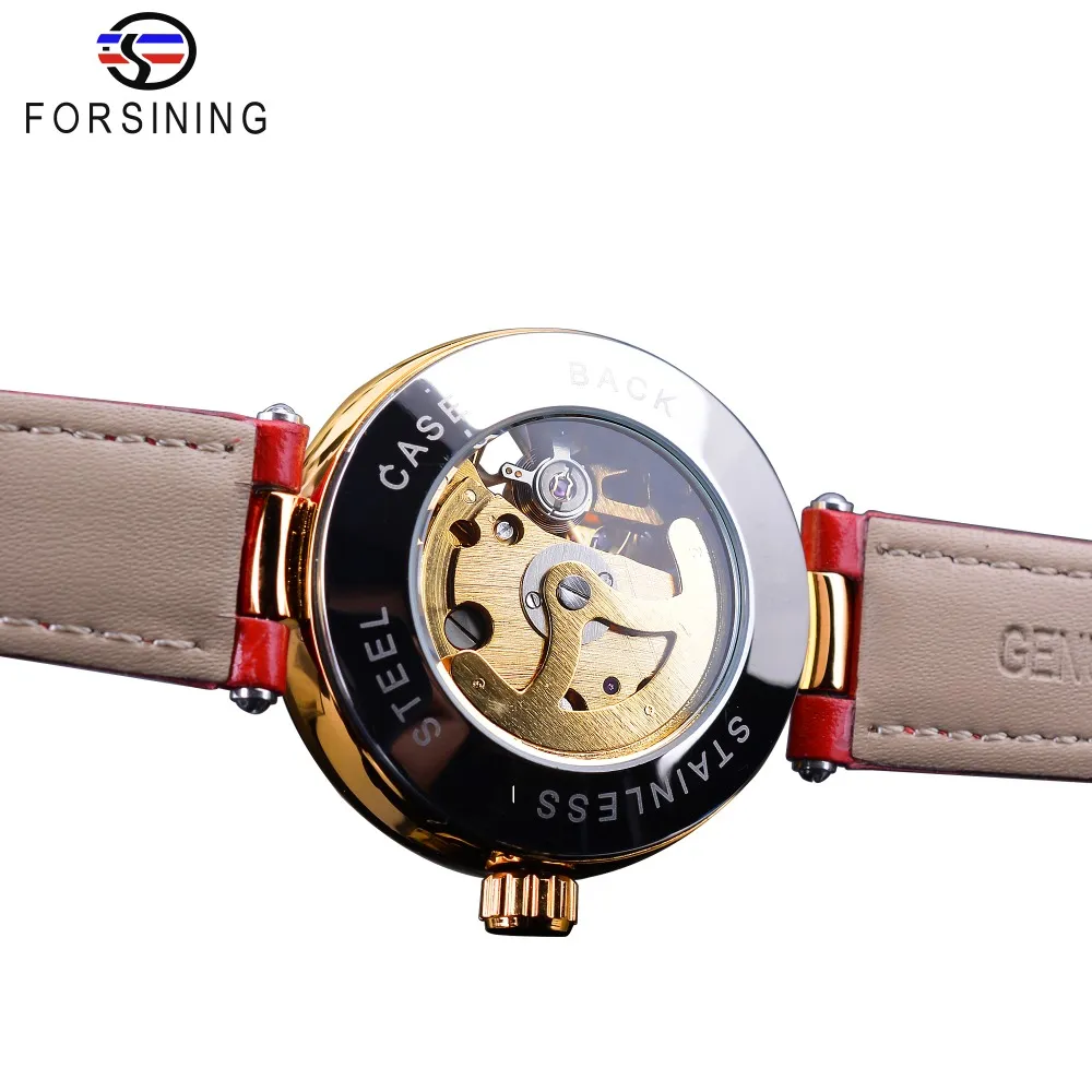 포싱 패션 패션 골든 스켈레톤 다이아몬드 디자인 레드 정품 가죽 밴드 Luminous Lady Mechanical Watches 최고 브랜드 luxury220Q
