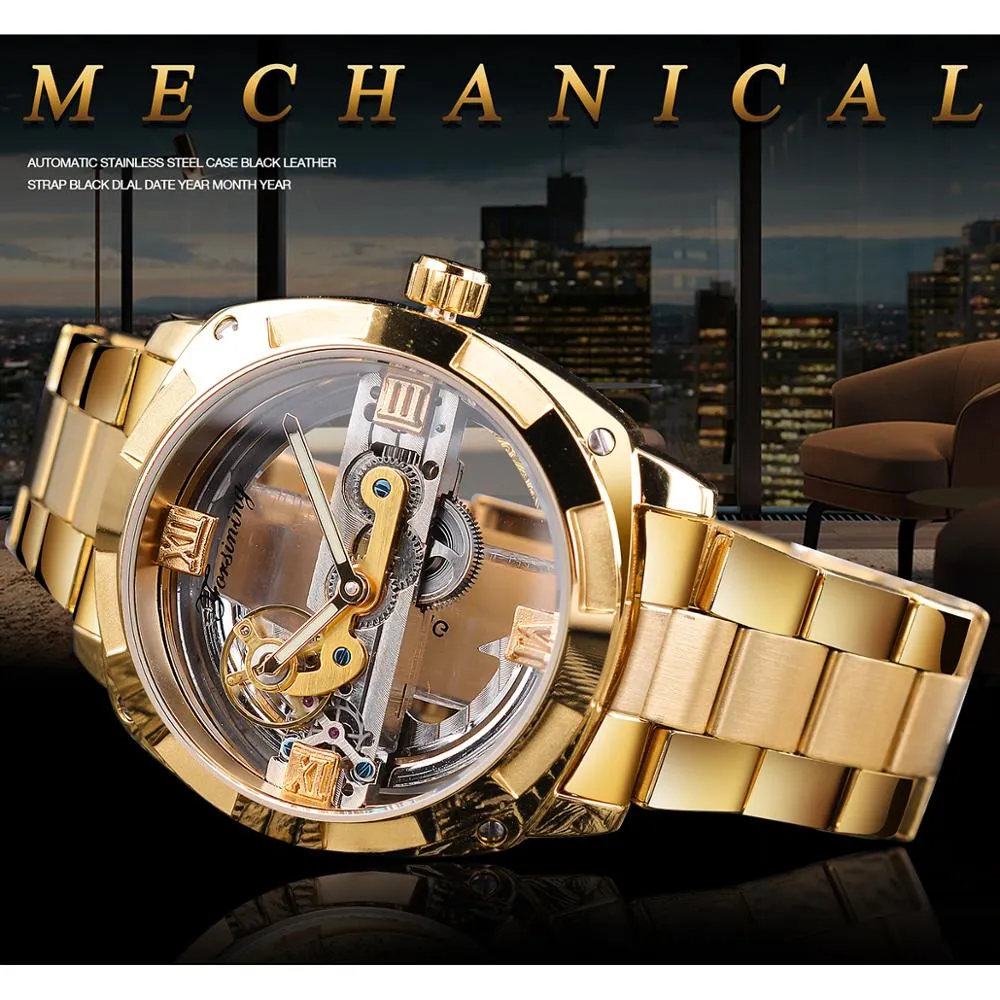 Forsining transparant gouden mechanisch horloge heren steampunk skelet automatische versnelling zelfopwindende roestvrijstalen band klok Montre2221