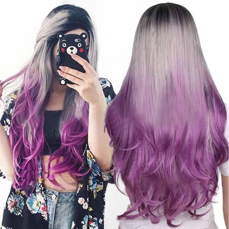 Naturalne fali syntetyczne peruki fioletowe trzy kolory gradient długie kręcone włosy