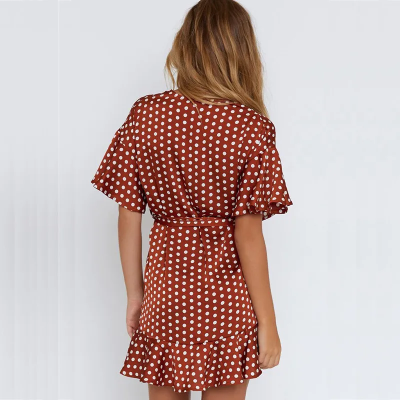 yinlinh Red Polka Dot Summer Dress Short Sleeve V Neck Sexy Mini Dress Women Sash Slim Waist Irregular Ruffles Vestidos 2