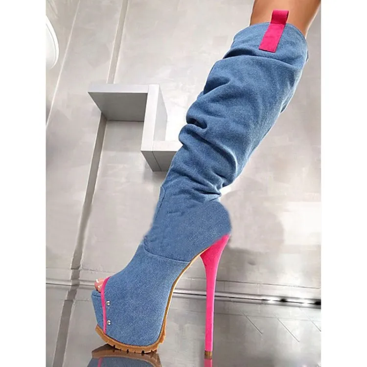 Rontic New Fashion Women Platform Platforma Kolano Wysokie Buty Sexy Cienkie Szpilki Buty Ładne Peep Toe Blue Casual Buty Kobiety USA rozmiar 5-15