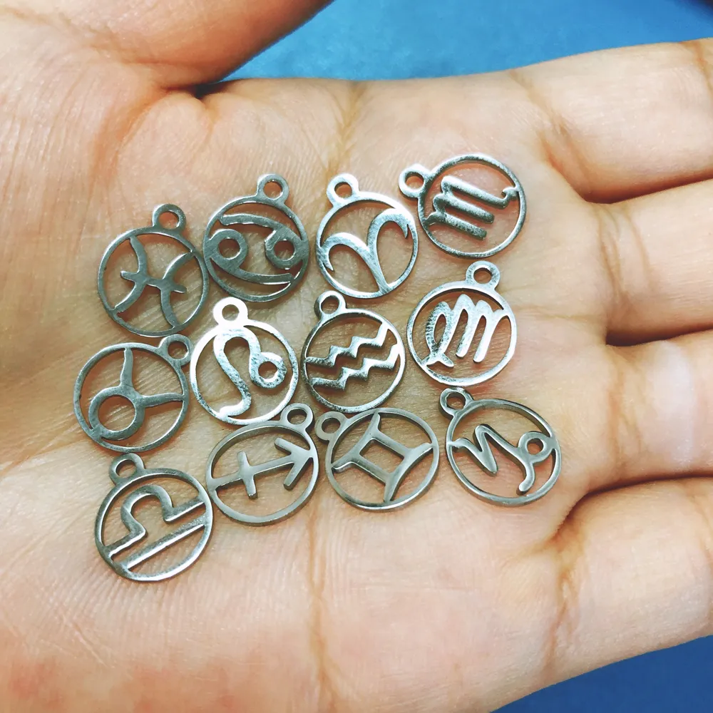 Fnixtar 10 8 13 4mm aço inoxidável doze amuletos de metal do zodíaco diy constelação para mulheres fazer joias mini amuletos 12 peças lote228d