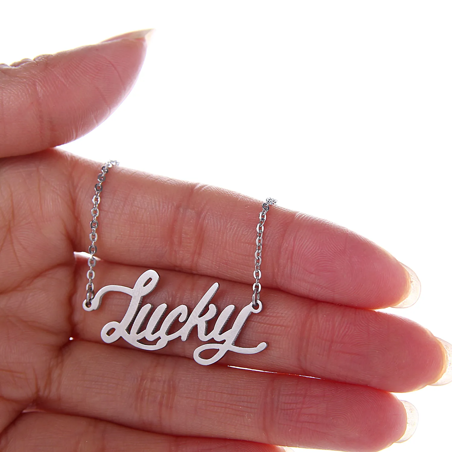 Ensemble collier et bracelet avec nom de bébé Lucky Script, personnalisé en acier inoxydable plaqué or, chaîne ras du cou avec pendentif, plaque signalétique, cadeau pour femme