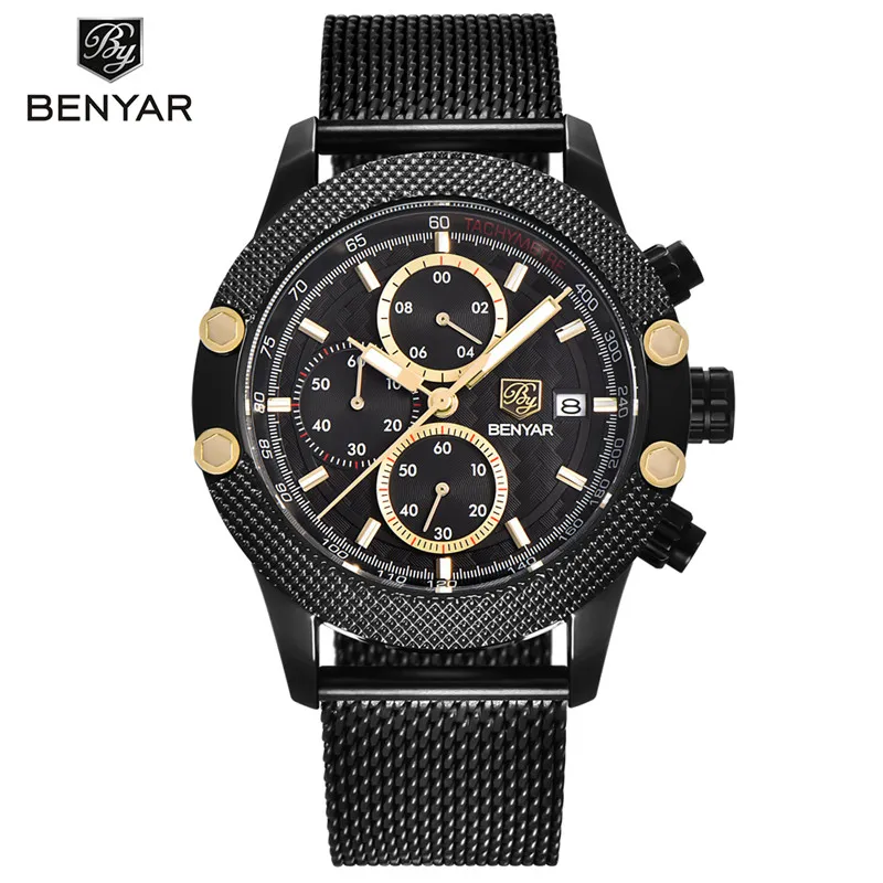 Benyar męskie zegarki Top Luksusowy sport Chronograph moda Waterproof Luksusowa marka złota kwarc zegarek saat reloJ hombre327l