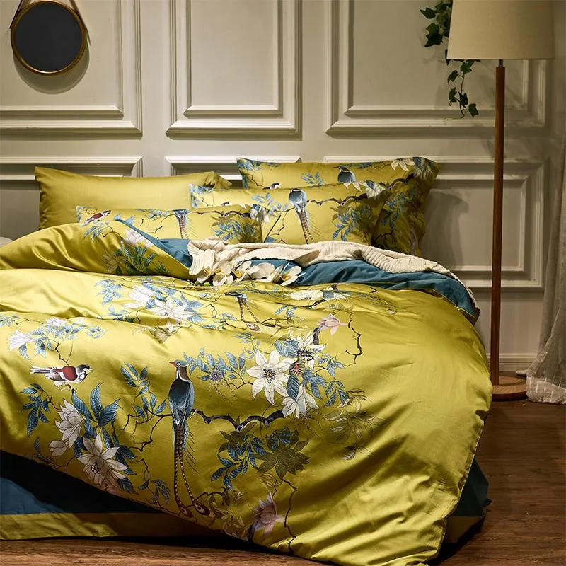 Silky Egyptian Cotton Yellow Chinoiserie Style Birds Flowers Duvet Cover Bed Sheet Fitted Sheet Set King Size Queen Bedding S277U