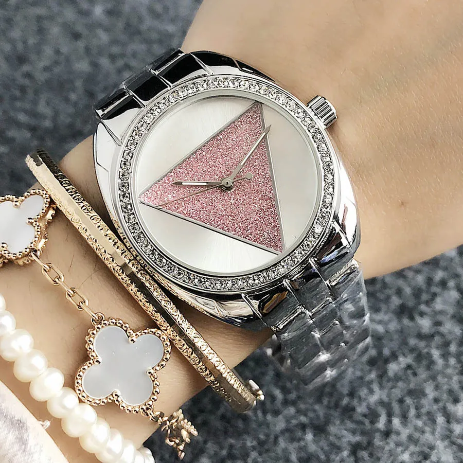 패션 브랜드 여자 소녀 크리스탈 삼각형 스타일 다이얼 메탈 스틸 밴드 쿼츠 손목 시계 GS 21338Z
