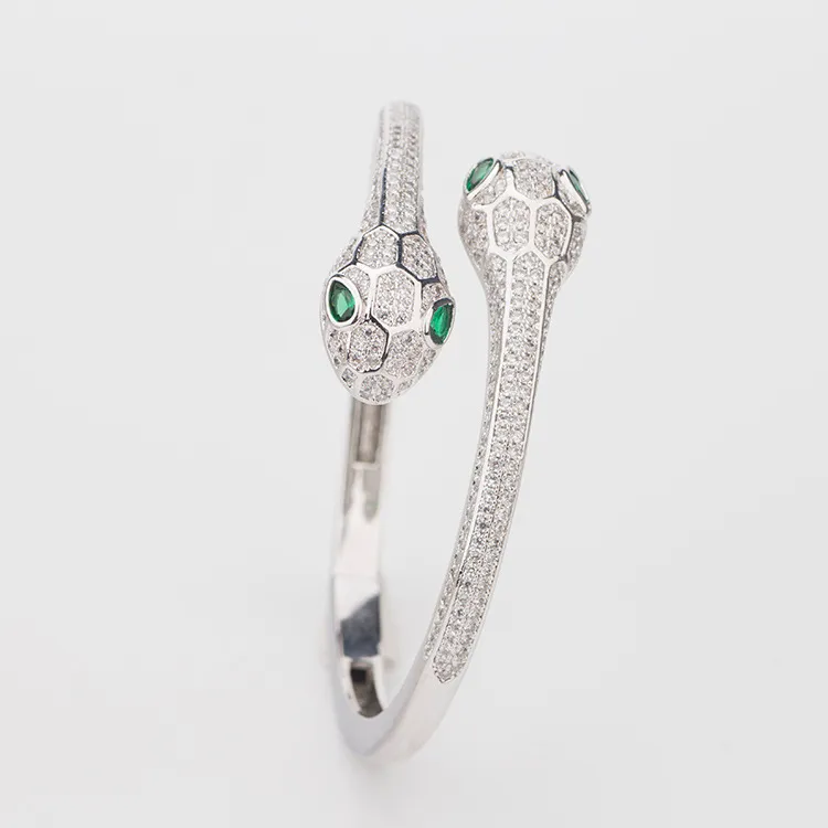 Nya modemärken smycken set lady mässing fulla diamantgröna ögon dubbel huvuden orm orm 18k guld armband ringar set 227s