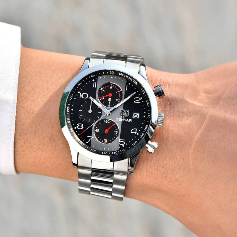 BENYAR Новые модные спортивные часы с хронографом, комплект мужских кожаных ремешков, брендовые кварцевые синие часы Relogio Masculino Reloj Hombre2776
