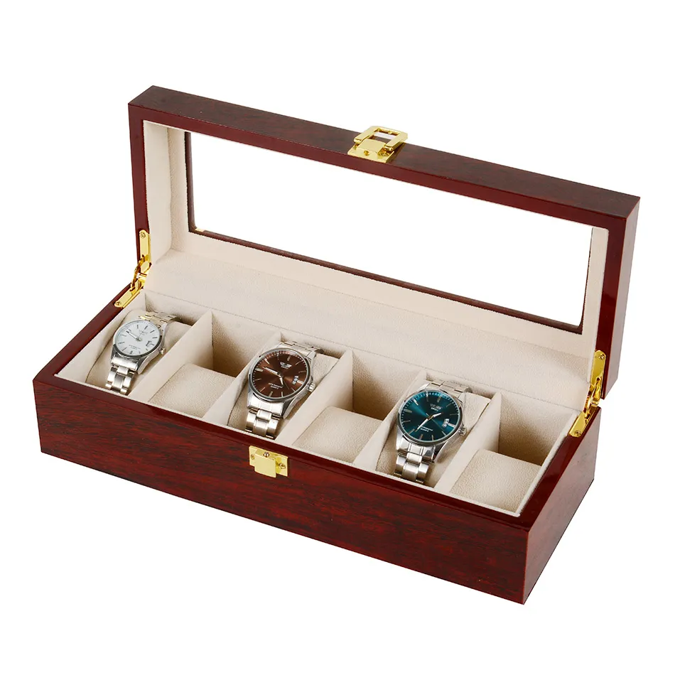 2 3 5 6 10 12 Slots Uhrenbox Aufbewahrung mit rot schwarzem Holzglasgehäuse Armband Display Schatulle Uhrenhalter Schatulle 2 277Z