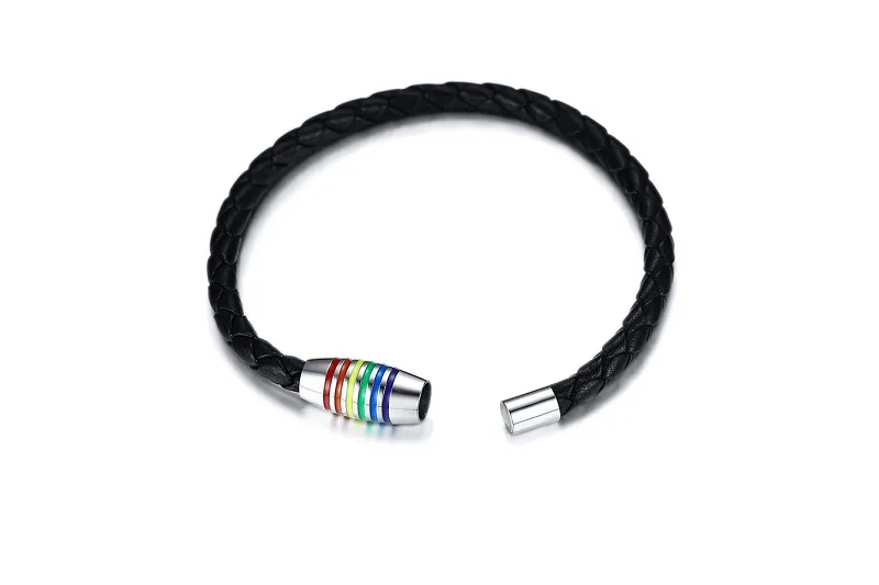 Black Pride Genuine Leather Bangles Rainbow Gay Lesbian Bracelet Stainless Steel Jewelry With Magnetic Clasp PB-014B277U