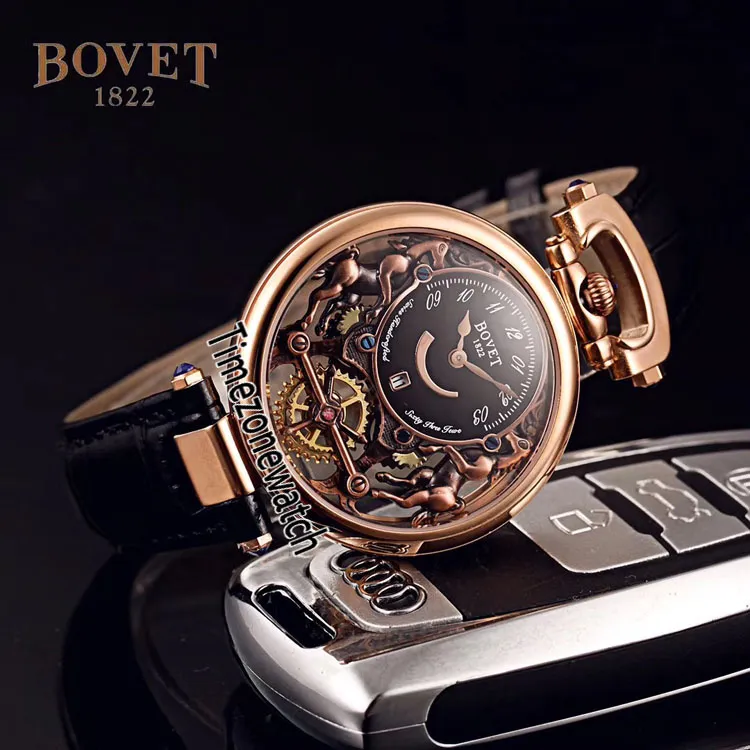 Bovet Zwitsers quartz herenhorloge Amadeo Fleurier Rose goud skelet witte wijzerplaat horloges bruine lederen band horloges goedkope Timezonewatc190Q