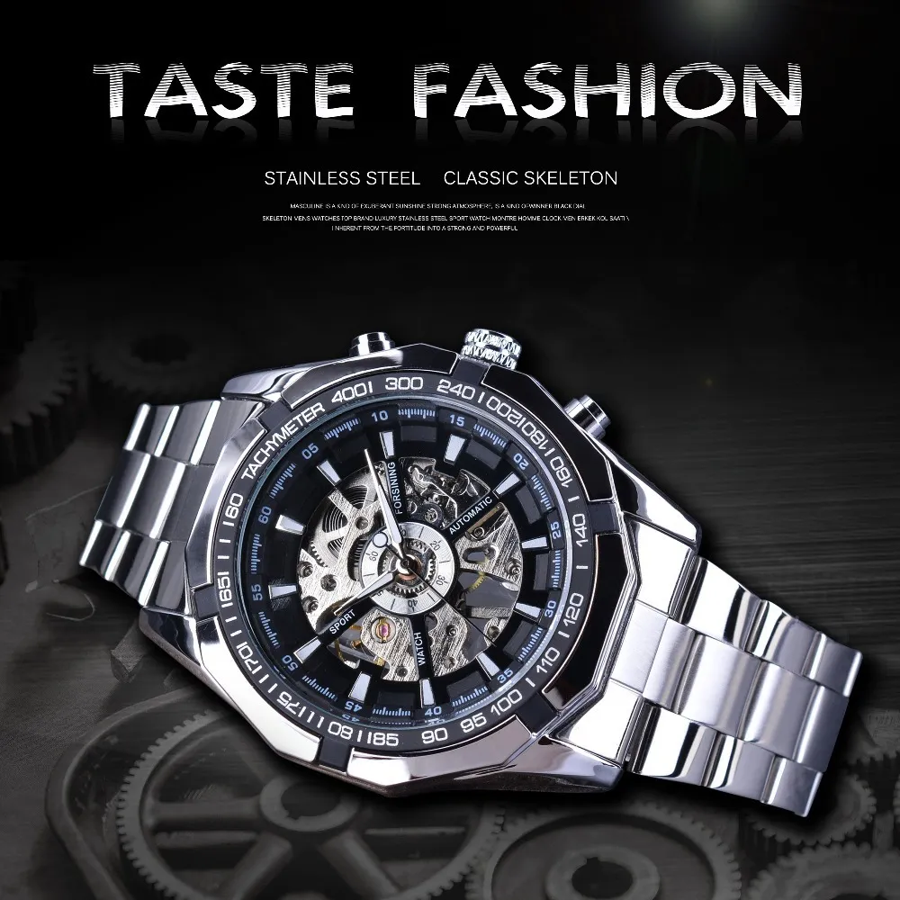Zrezygnowanie z srebrnej stali nierdzewnej Wodoodporne zegarki męskie szkieletowe zegarki Top Marka luksusowy przezroczysty mechaniczny mechaniczny zegarek na nadgarstek Y1264L