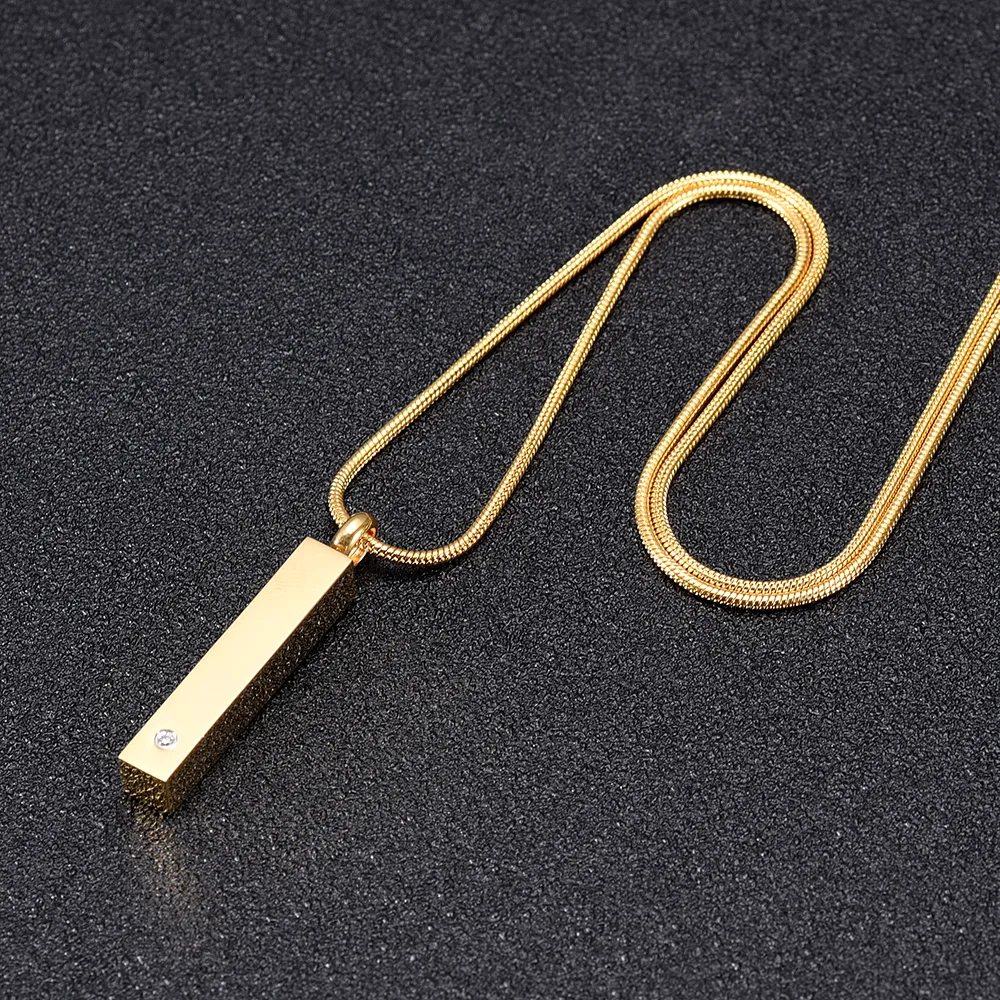 Inlay Zircon Golden Stainless Steel Bar Cremation Urn Pendant Graverable Keepsake Memorial Jewelry for Ashes264R