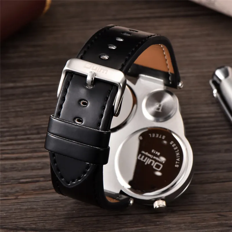 Oulm HP9415 Sport Watches Dual Time Zone Quartz Wristwatch Decorative Compass Thermometer Fashion Leather Male Watch2851