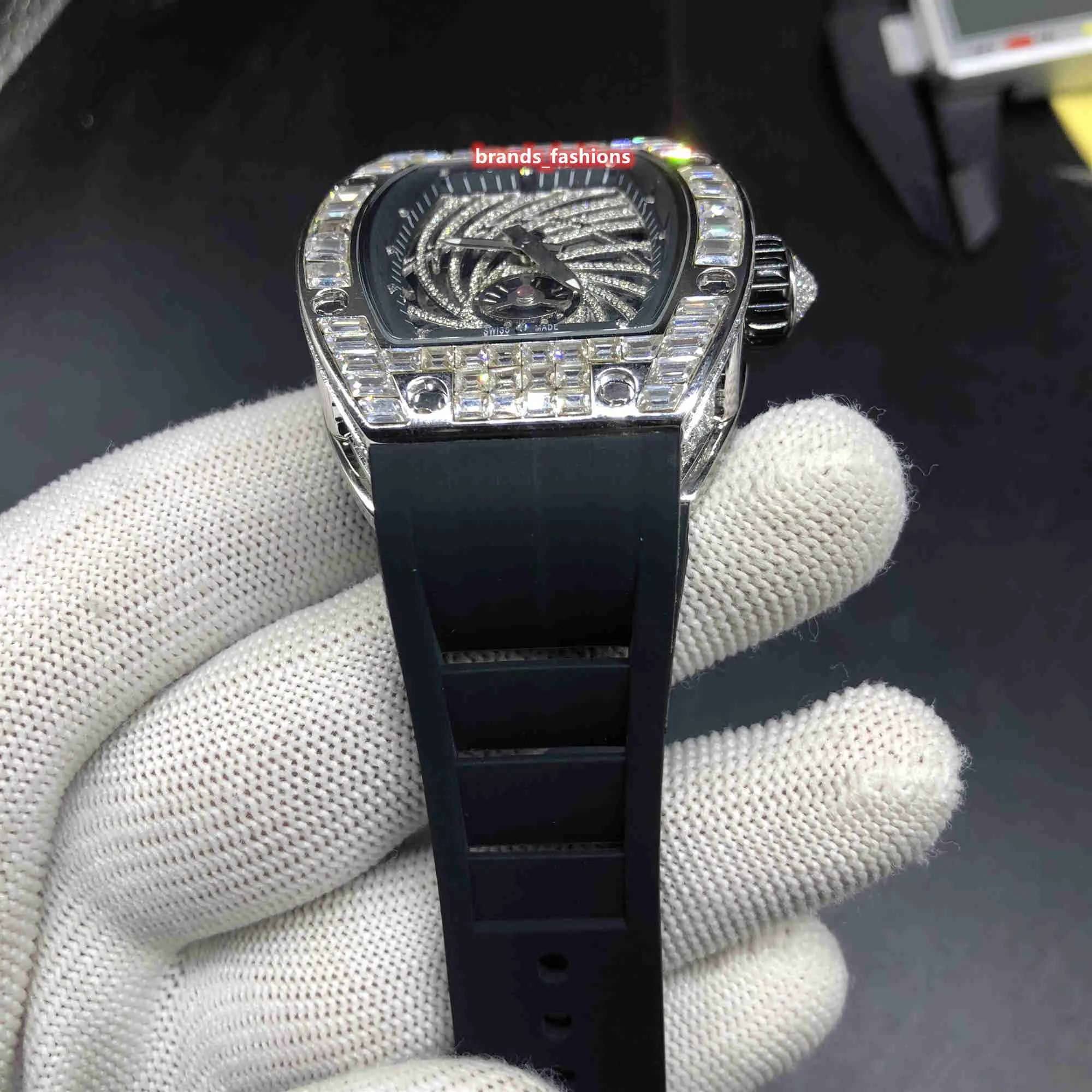 Hip Hop Men's Trend Diamond Case Watch Duże diamentowe zegarki Zegarek czarny gumowy pasek Strap Automatyczne mechaniczne W222F