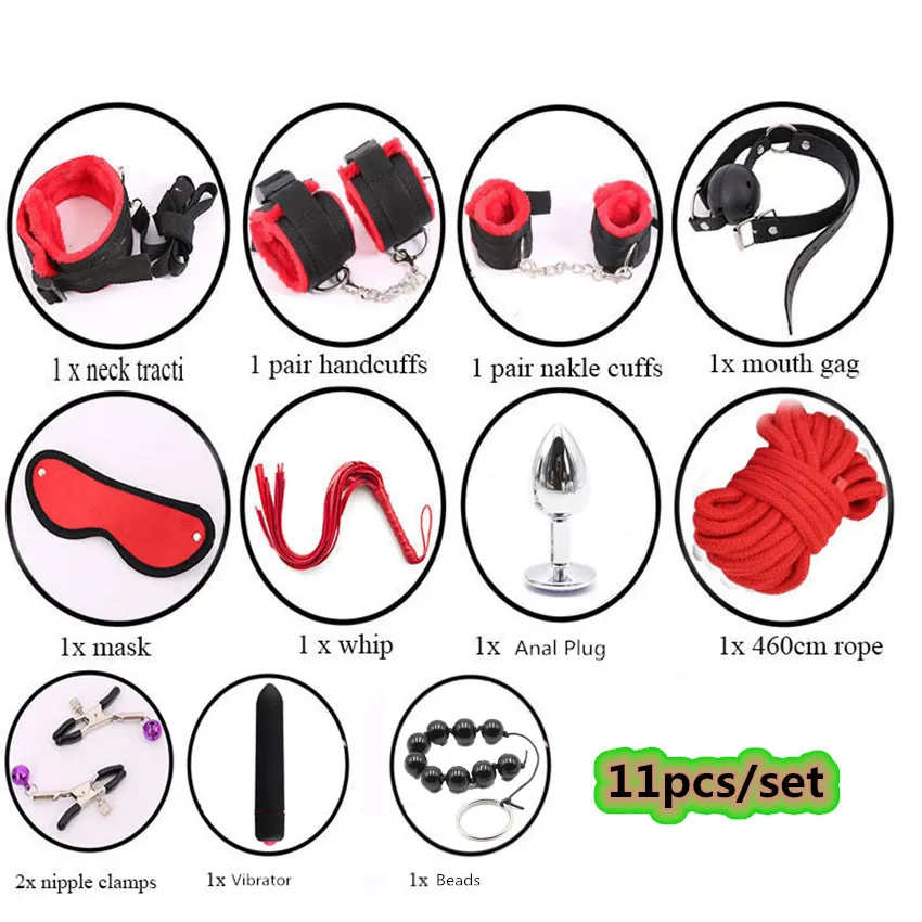 11Pcs Sex Toys Kit BDSM Bondage Whip Handcuffs Butt Plug Sexy