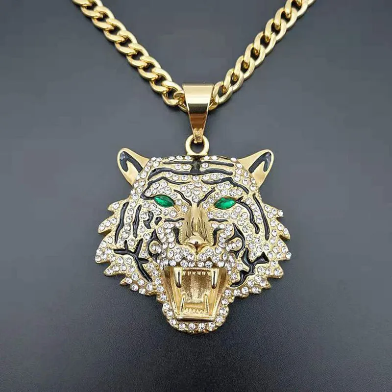 Hip Hop Rhinestones asfalterade bling isade ut guldstainfritt stål Big Tiger Pendants Halsband för män Rapper smycken med kubansk kedja2605