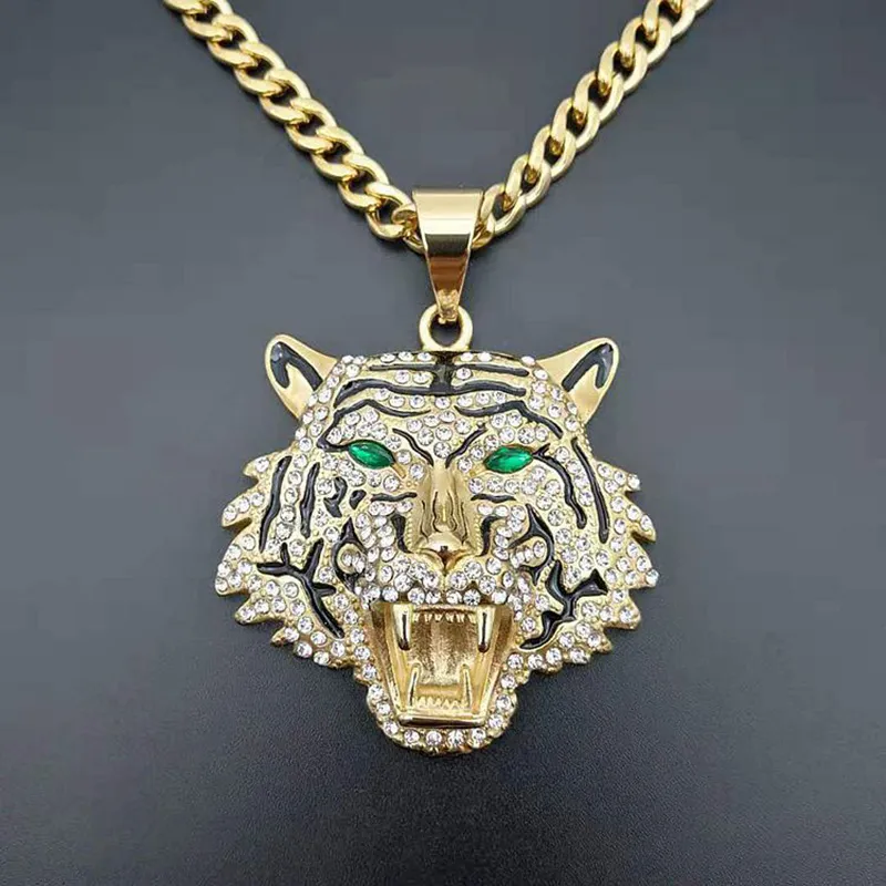 Hip Hop Rhinestones Paved Bling Iced Out GoldStainless Steel Big Tiger Pendants Necklace for Men Rapper Jewelry with cuban chain2605