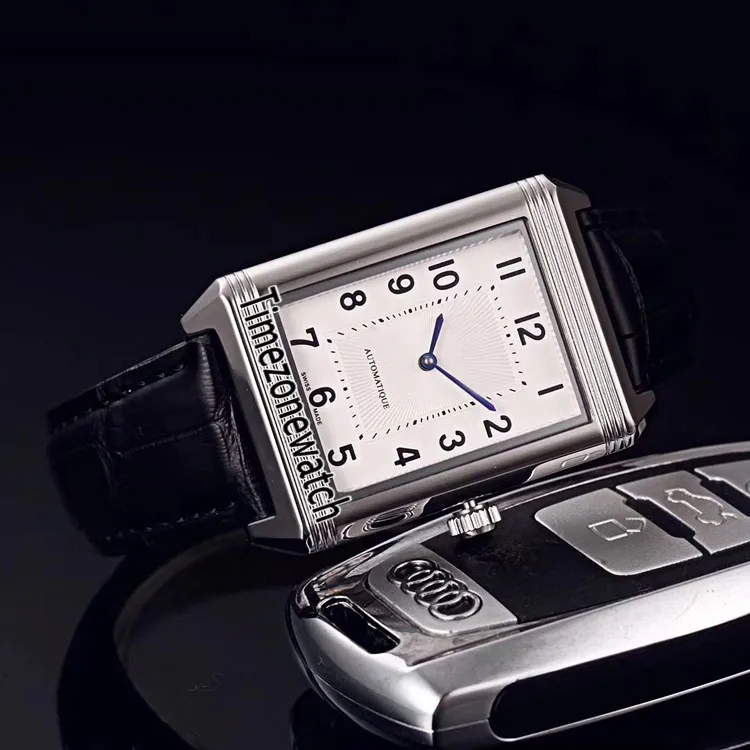 Nieuwe Reverso Classic Medium Thin 2548520 Miyota 8215 Automatisch herenhorloge Stalen kast Witte wijzerplaat Zwart lederen band Timezonewatch E253K