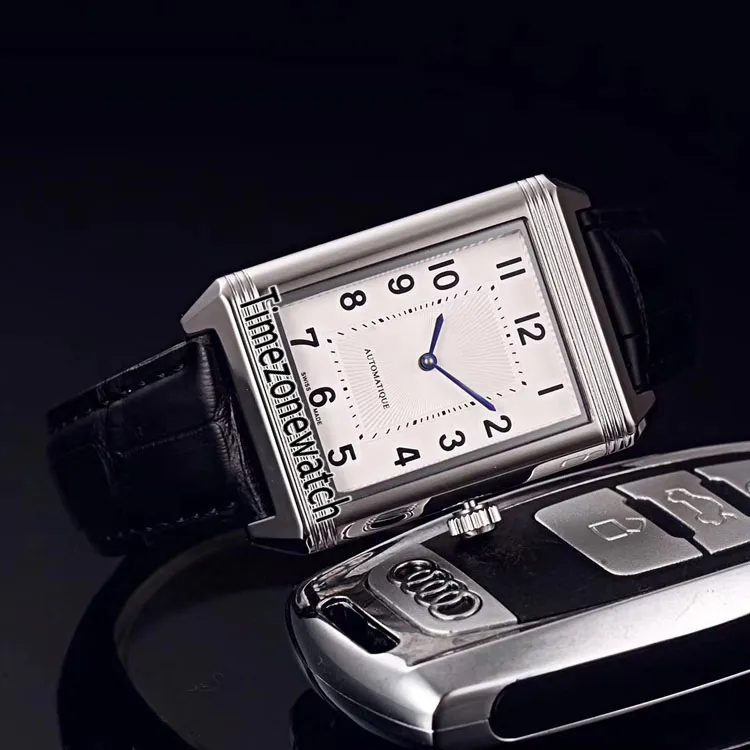 Nuovo Reverso Classic Medium Thin 2548520 Miyota 8215 Orologio automatico da uomo Cassa in acciaio Quadrante bianco Cinturino in pelle nera Timezonewatch E221I