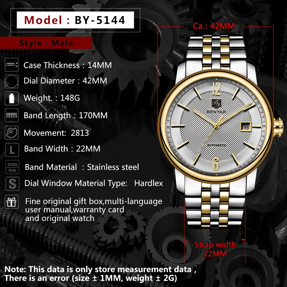 Reloj BENYAR de cuero de marca de lujo a la moda, reloj de pulsera automático para hombre, relojes mecánicos de acero para hombre, reloj Masculino273f