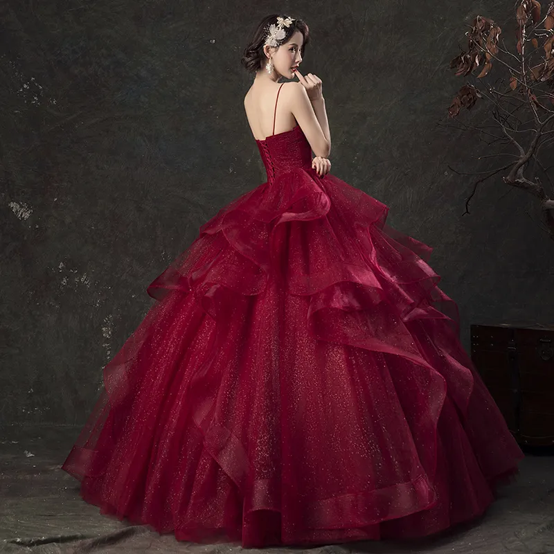 Balo elbisesi tül vintage bordo gelinlikler vnn boyunlu boynu plazlar fırfırlar bağcıklı zemin uzunluğu kırmızı gelinlikler281w