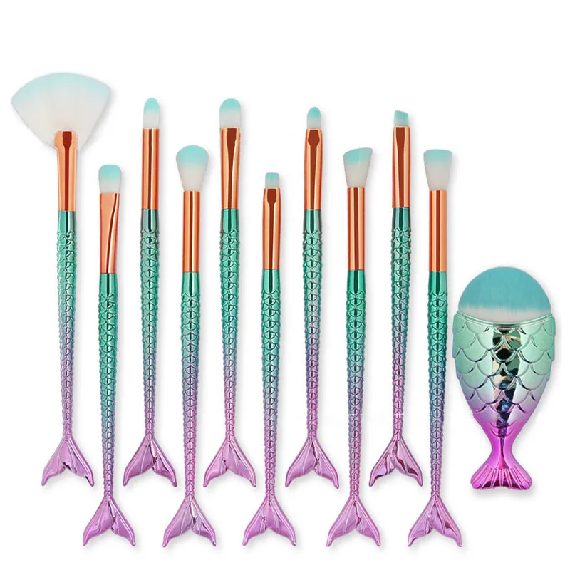 10/set di pennelli trucco a coda di sirena ragazze adolescenti set di pennelli in plastica capelli in nylon strumenti trucco pesci a doppia coda