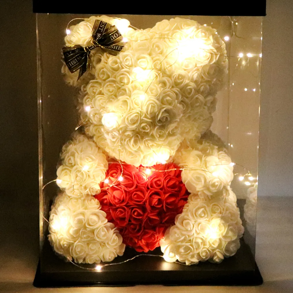 Couronnes de fleurs décoratives 25cm Rose Teddy Bear Fleur de mousse artificielle avec LED année lumineuse Saint-Valentin Cadeaux de Noël Boîte Accueil W216e