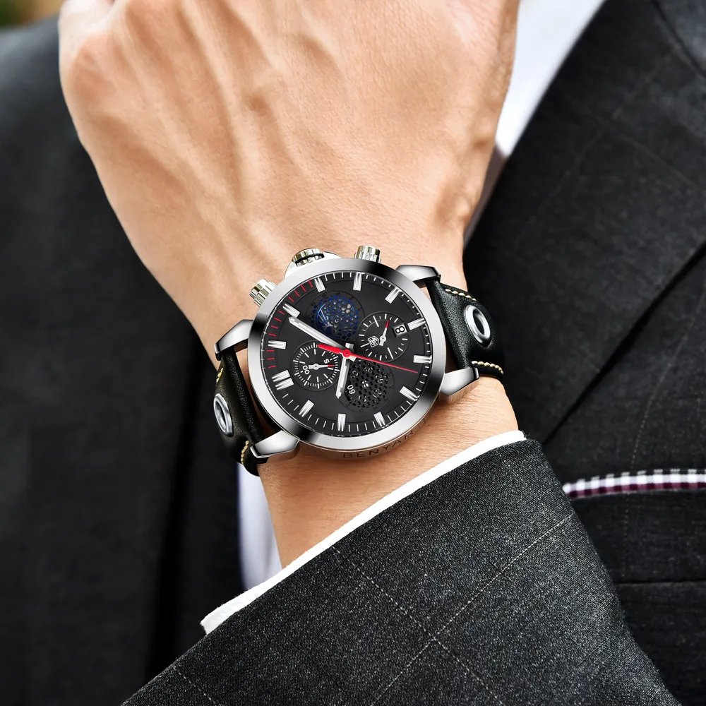 Benyar Fashion Sports Chronograph Watchs Men Moon Phase en cuir en cuir Squelette Quartz Watch Support Blanc Red285f