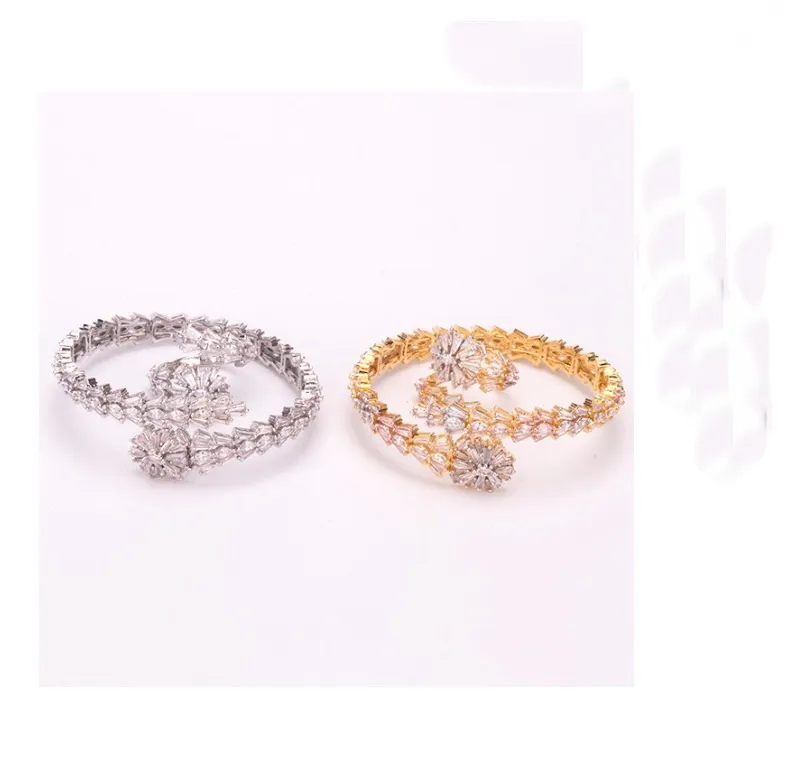 Modemerk Sieraden Sets Dame Messing Ladder Vierkante Diamanten Slangachtige 18K Gouden Bruiloft Verloving Open Armbanden Ringen Se263j