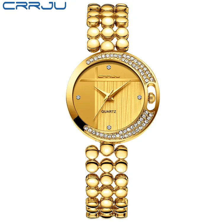 Crrju nova moda feminina relógios de pulso com diamante pulseira dourada topo marca luxo senhoras jóias pulseira relógio female257x