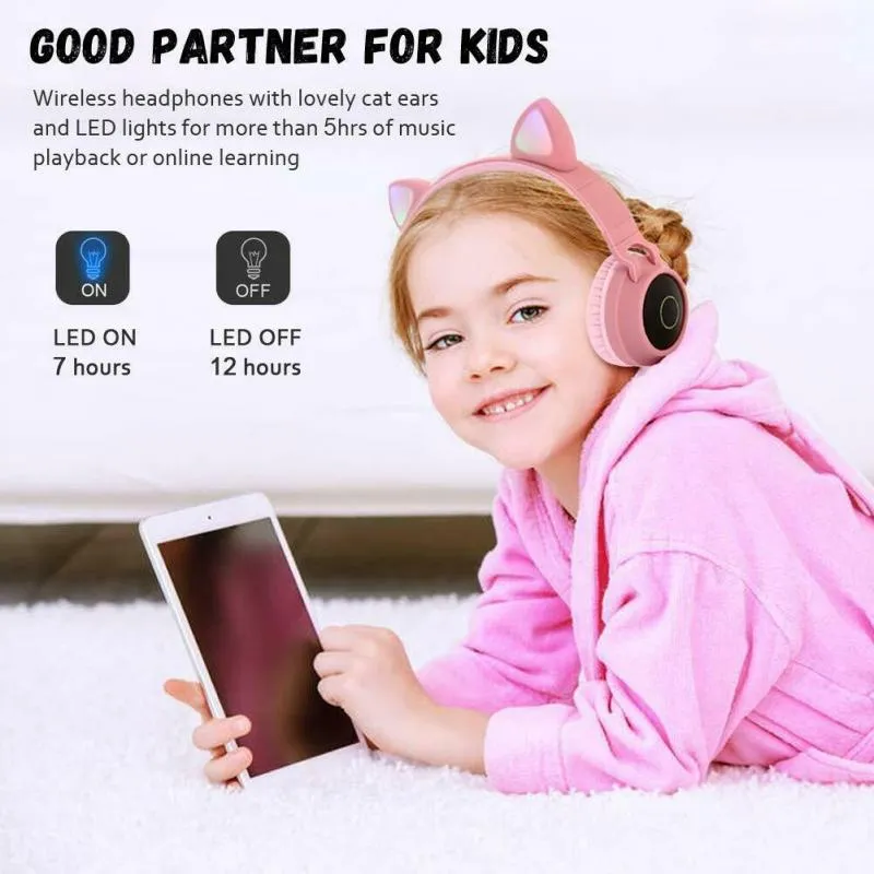 Cute Cartoon Bluetooth 5.0 Headphones Children LED Cat Ear Wireless Stereo Headset Kids Sport Gaming Headband with Mic for Smart Phones Call