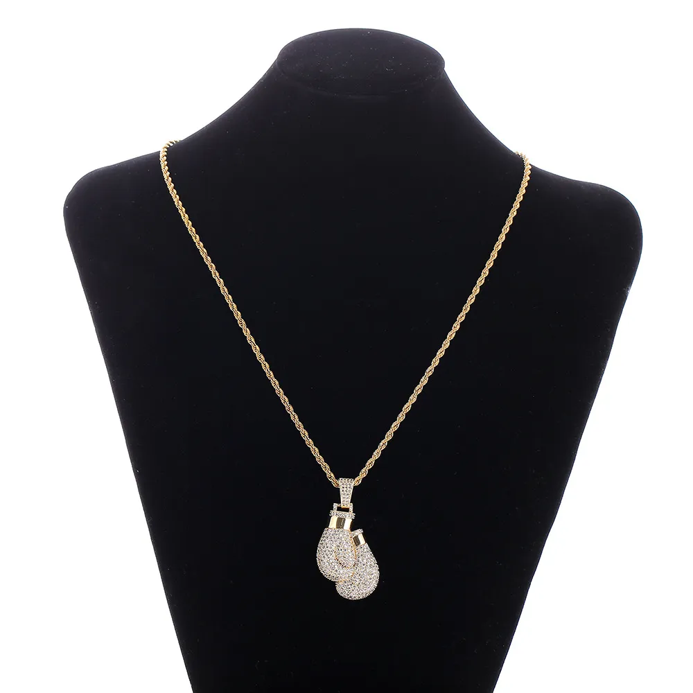 Hip hop Bling Boxing Gloves Pendant Necklace With Rope Chain Gold Silver Color Iced Out Cubic Zircon Jewelry192c