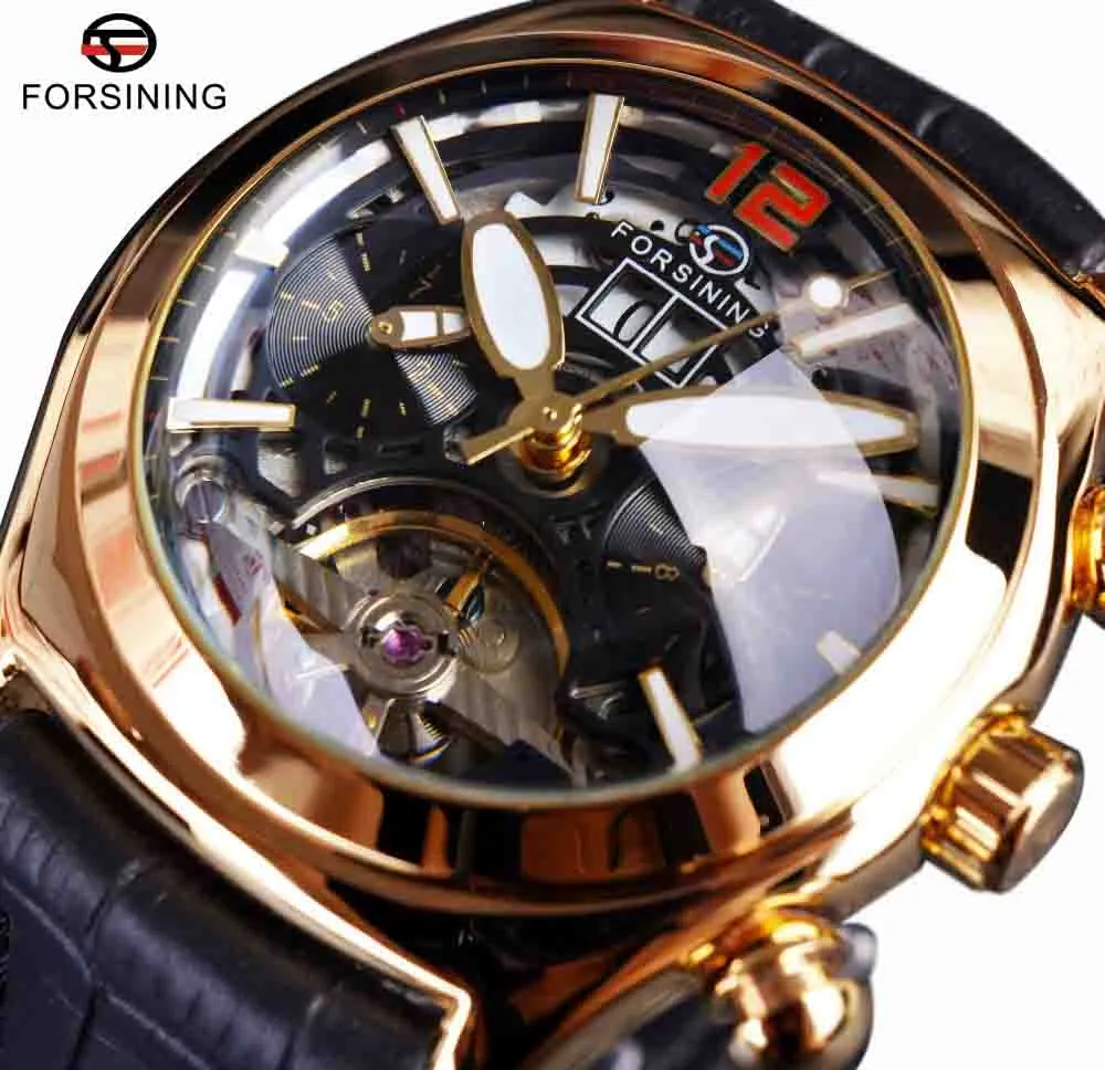 Forsining vidro convexo elegante tourbillion 3d designer pulseira de couro genuíno relógios masculinos marca superior luxo relógio automático clock209d