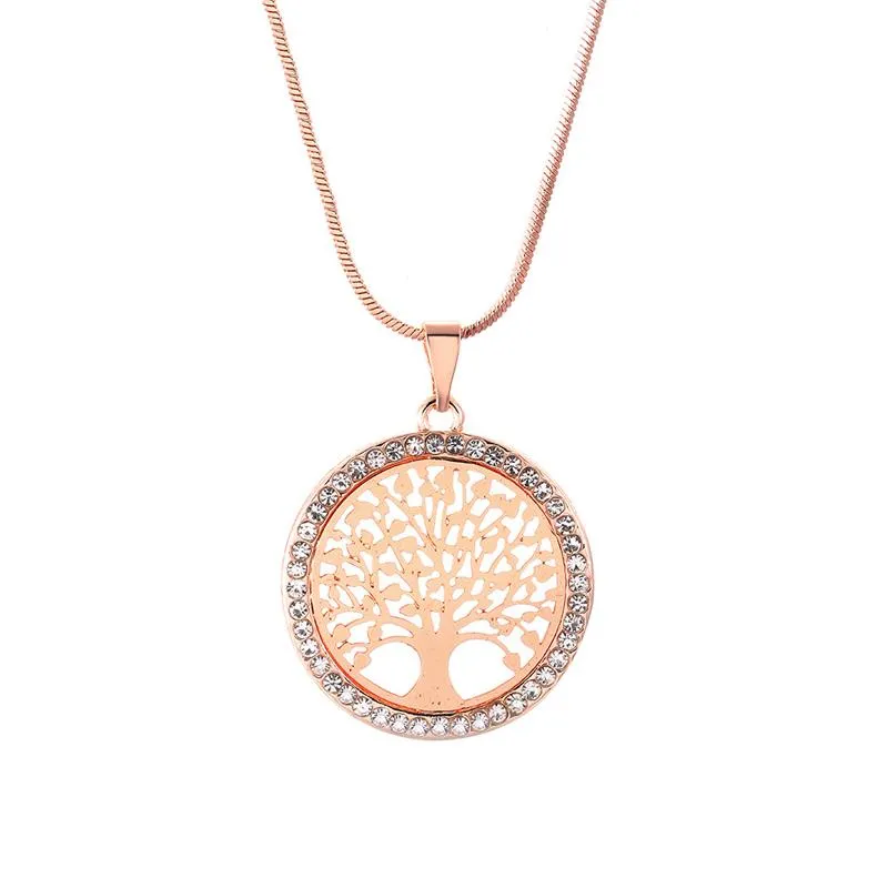 New Fashion Tree of Life Necklace Crystal Round Small Pendant Necklace Rose Gold Silver Colors Elegant Women Jewelry Gifts Dropshi290F