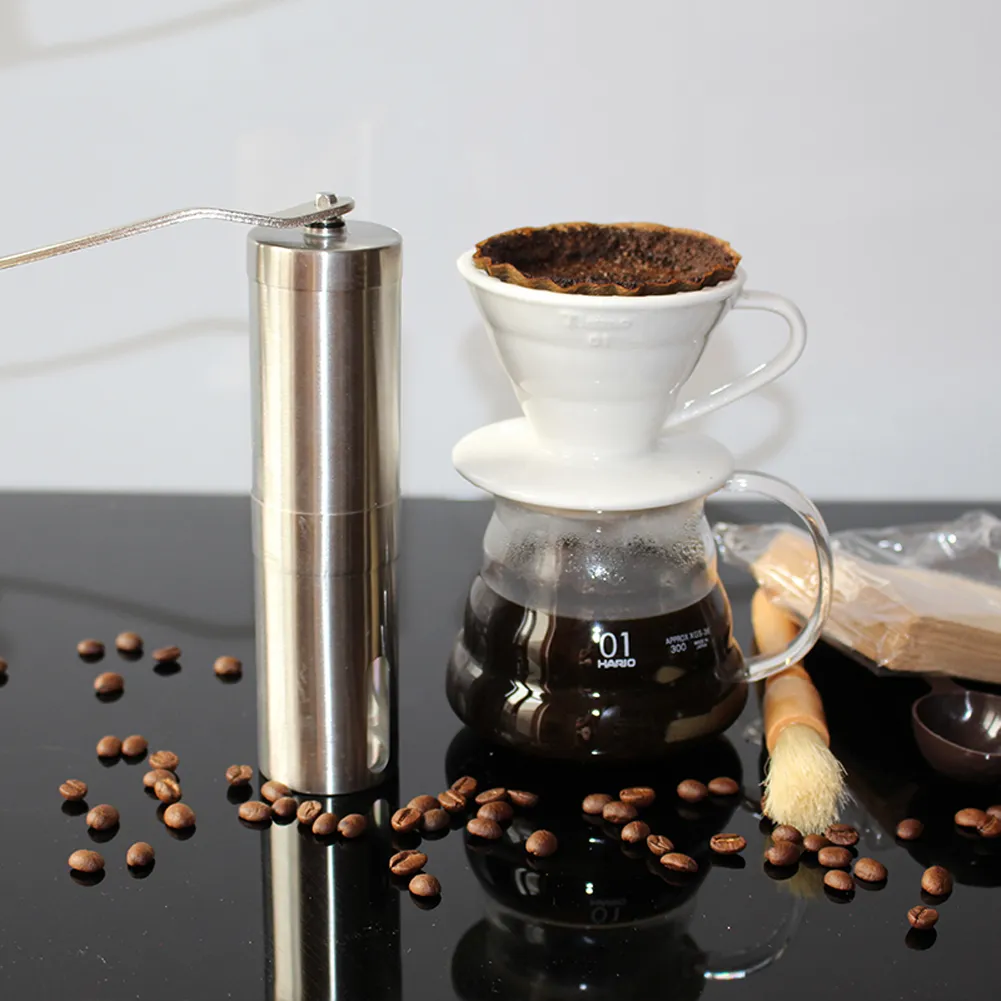 Silver kaffekvarn mini rostfritt stål handmanual handgjorda kaffeböna burr slipmaskiner kvarn kök verktyg kroksslipare t200114378665