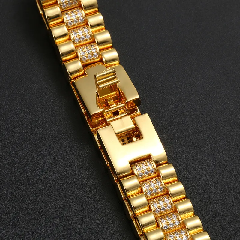 Hip Hop CZ Stone Paved Bling Iced Out Watch Band Link Chain Bracelets Bangle for Men Rapper Jewelry Drop Gold267a