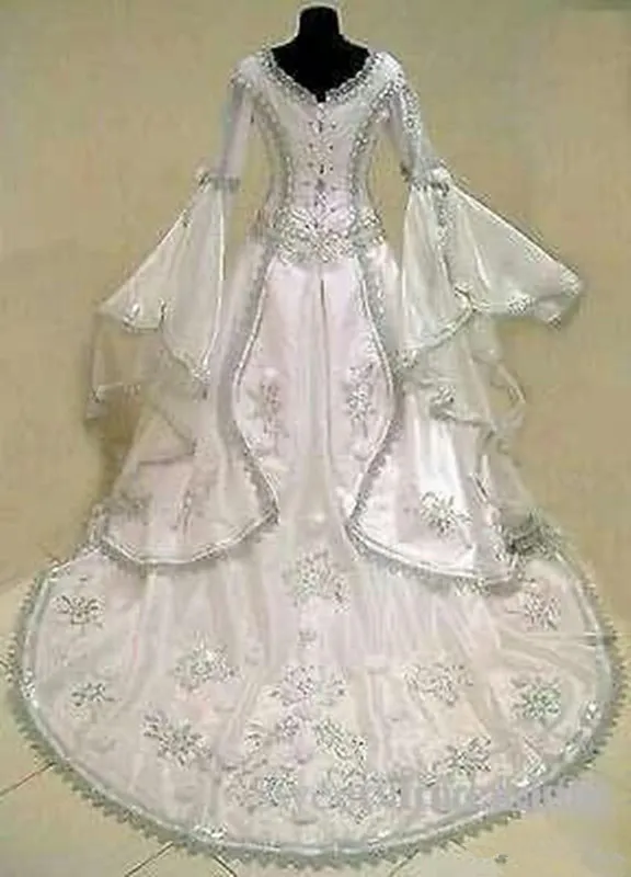 2020 Middeleeuwse trouwjurken Witch Celtic Tudor Renaissance kostuum Victoriaanse gothic van de schouder Long Sleeve bruidsjurken 265N