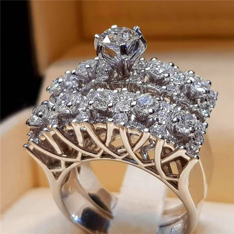 Size 6-10 Boho Female Crystal White Round Ring Set Brand Luxury Promise 925 Silver Engagement Ring Vintage Bridal Wedding Rings Fo321B