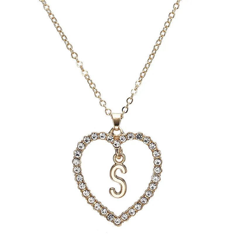 New Fashion Crystal Initial Personalized Letter Heart Pendent Name Necklace for Women Charm Gold Color Chain Choker Jewelry Gift299a