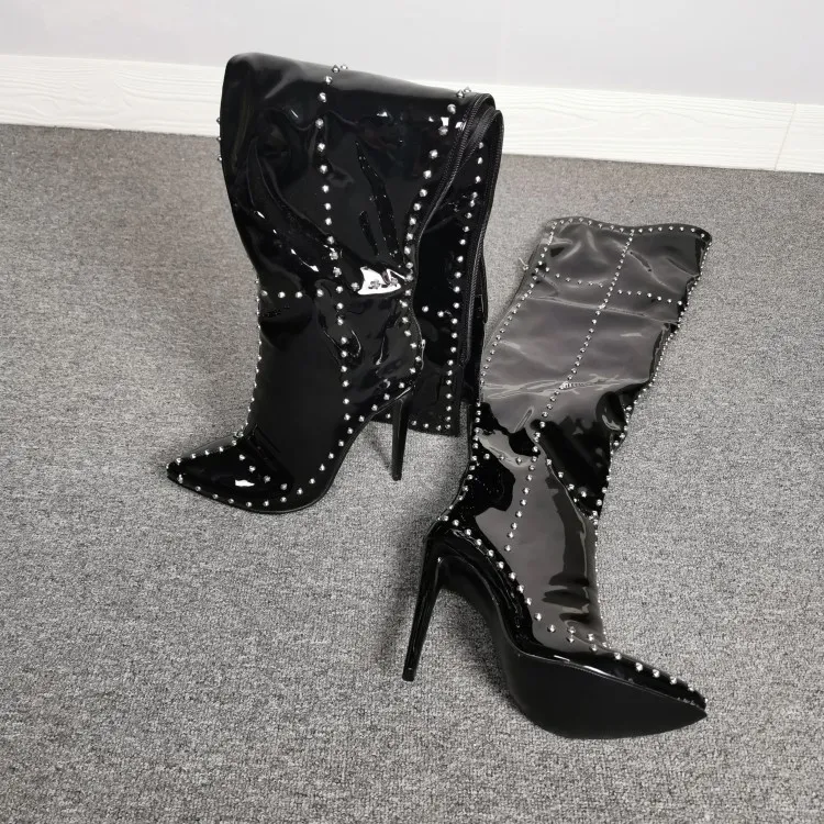 Rontic Neue Frauen Oberschenkel Hohe Glänzende Stiefel Sexy Nieten Stiletto Heels Stiefel Spitz Schwarz Nachtclub Schuhe Frauen UNS Größe 5-15