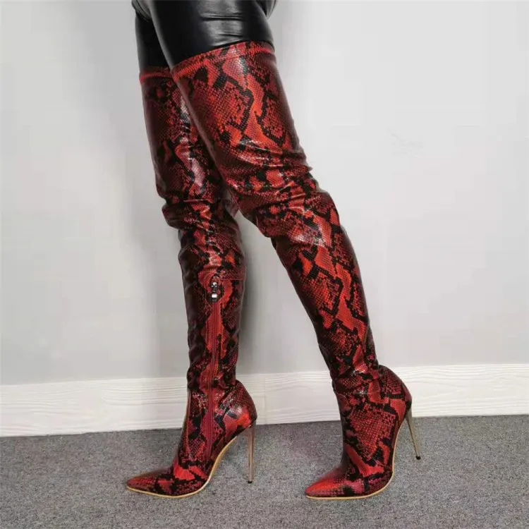 Rontic Women Coxa Alta Snake Padrão Botas Sexy Stiletto Salto alto Botas Pointed Toe Red Party Shoes Mulheres Plus Tamanho 5-15